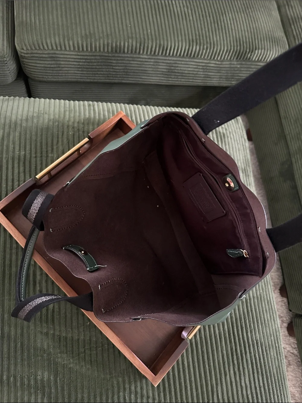 Coach Green Leather Tote with Dark Ribbon Handles
